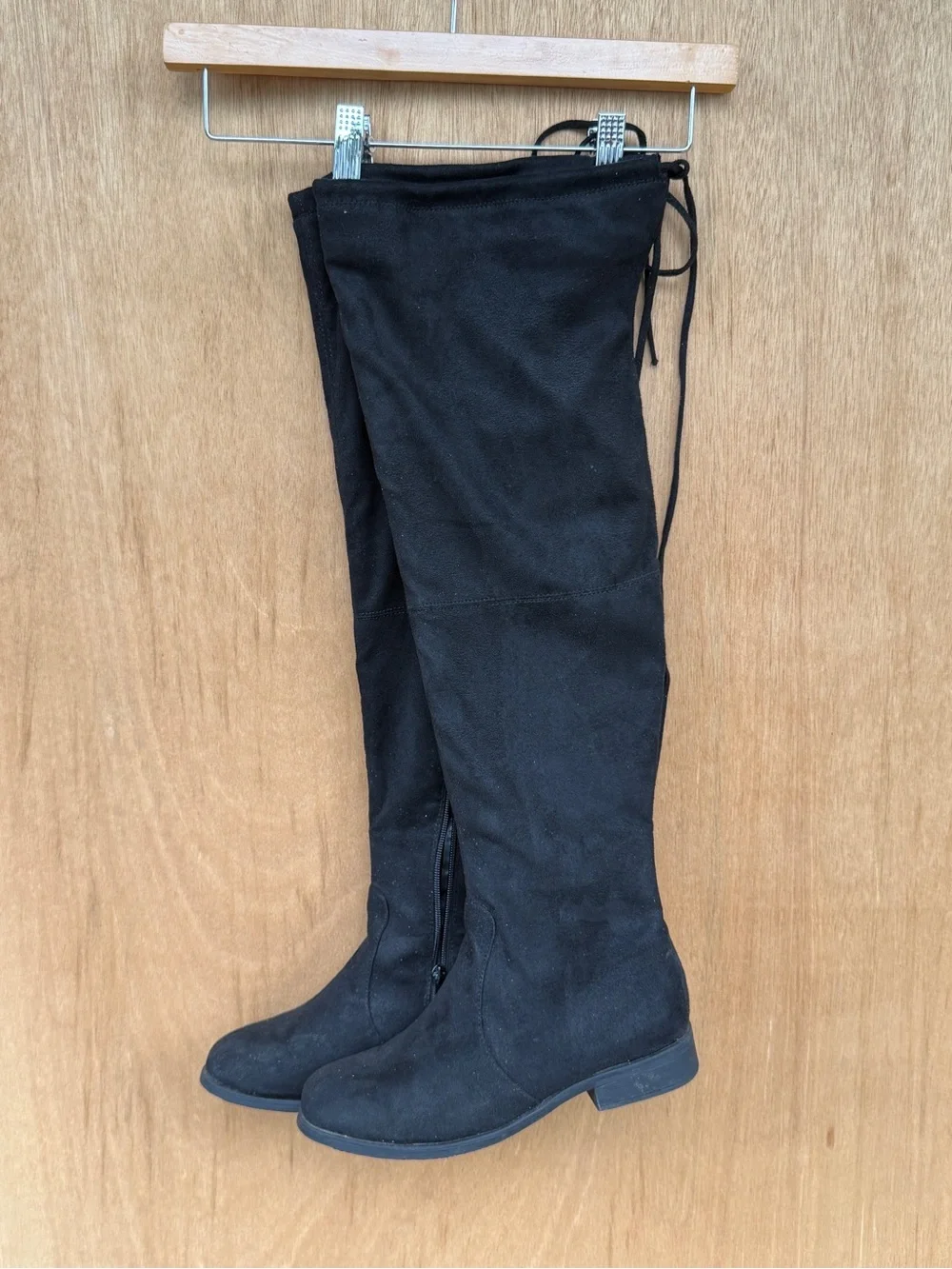 Black Faux Suede Over The Knee Boots Flat Block Heel Tie Back Women's 7.5